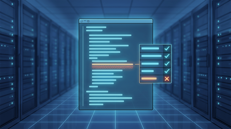 Digital illustration of a code editor and AppSec checklist in a server room, showing security compliance.