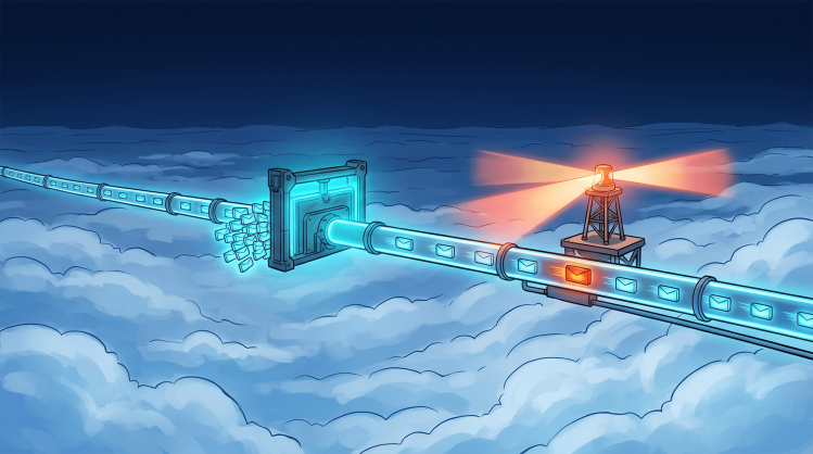 Digital illustration of a cloud data pipeline with a filter gate and alert beacon detecting threats, symbolizing cloud security controls.