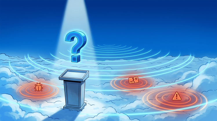 Digital illustration of a podium under a question mark spotlight surrounded by radar rings detecting vulnerability scanning tools and cloud risks.