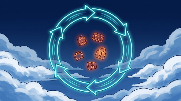 Circular diagram of glowing arrows enclosing threat icons, illustrating the vulnerability management lifecycle phases.
